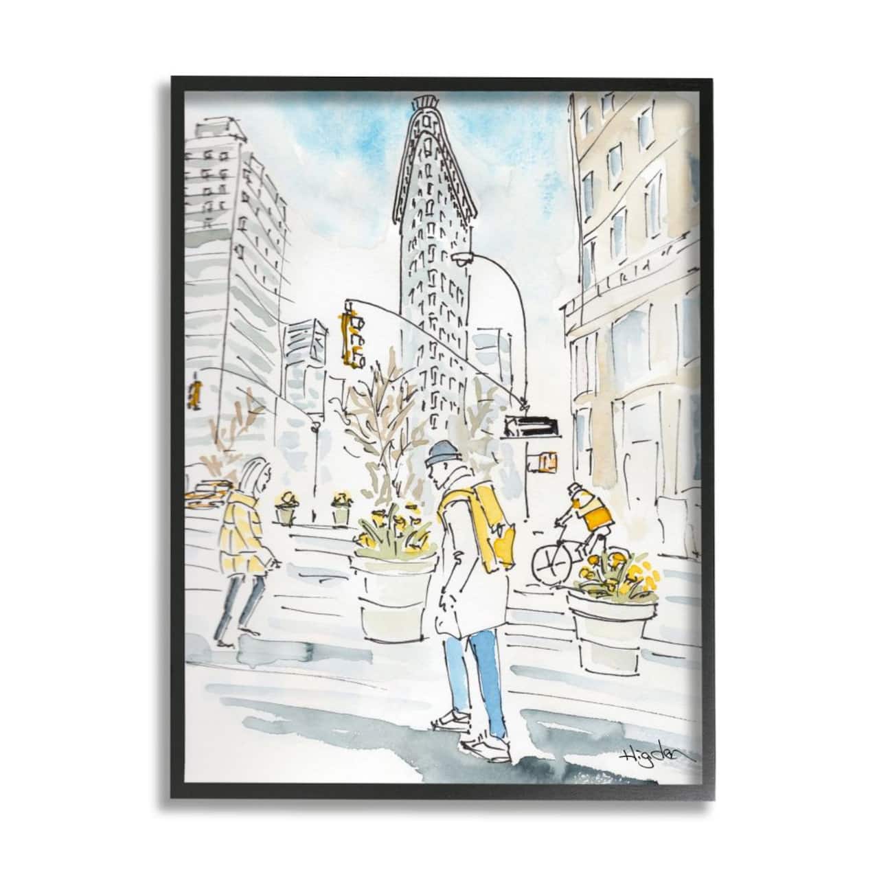 Stupell Industries Watercolor City People Wall Art with Black Frame